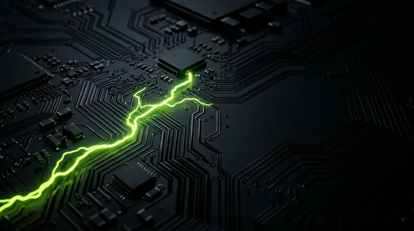 A dark circuit board with one lime energy path running across it