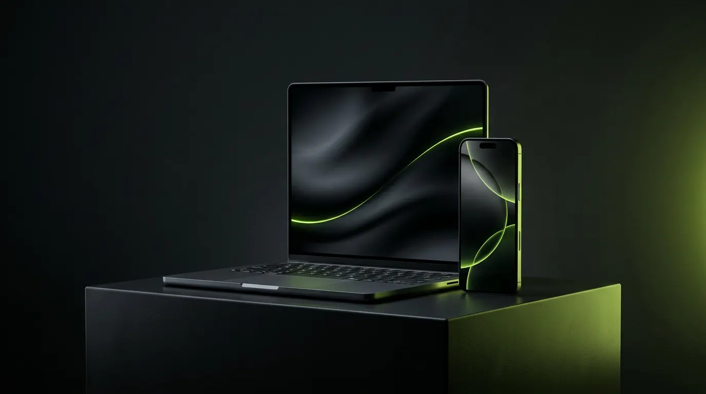 A laptop and a phone on a dark plinth, lit by a single lime light